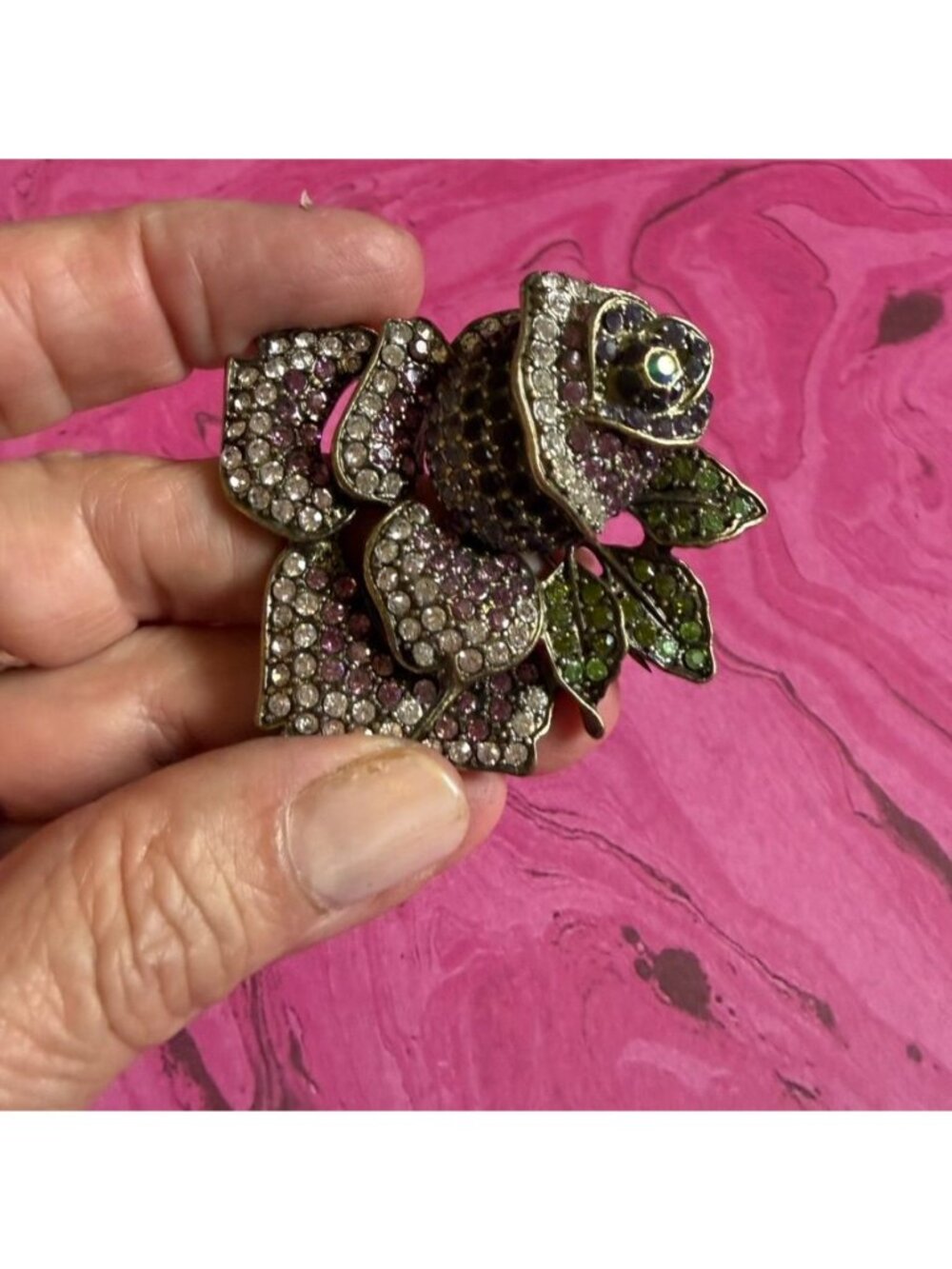 Vtg Joan Rivers Rose Brooch Pave Rhinestones Large Size Purple Pink & Green - Picture 3 of 6